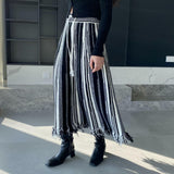Women Knitted Skirt Black and White Striped Dress Tassel Knitted Skirt