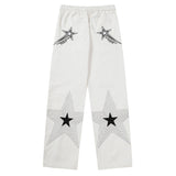 Men Sweatpants Five-Pointed Star Embroidered Slacks Loose Wide-Leg Pants Elastic Waist Mop Pants Trousers