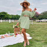 Women Dress Spring/Summer Loose Casual Short Skirt off-Shoulder Braces Long Sleeve Dress