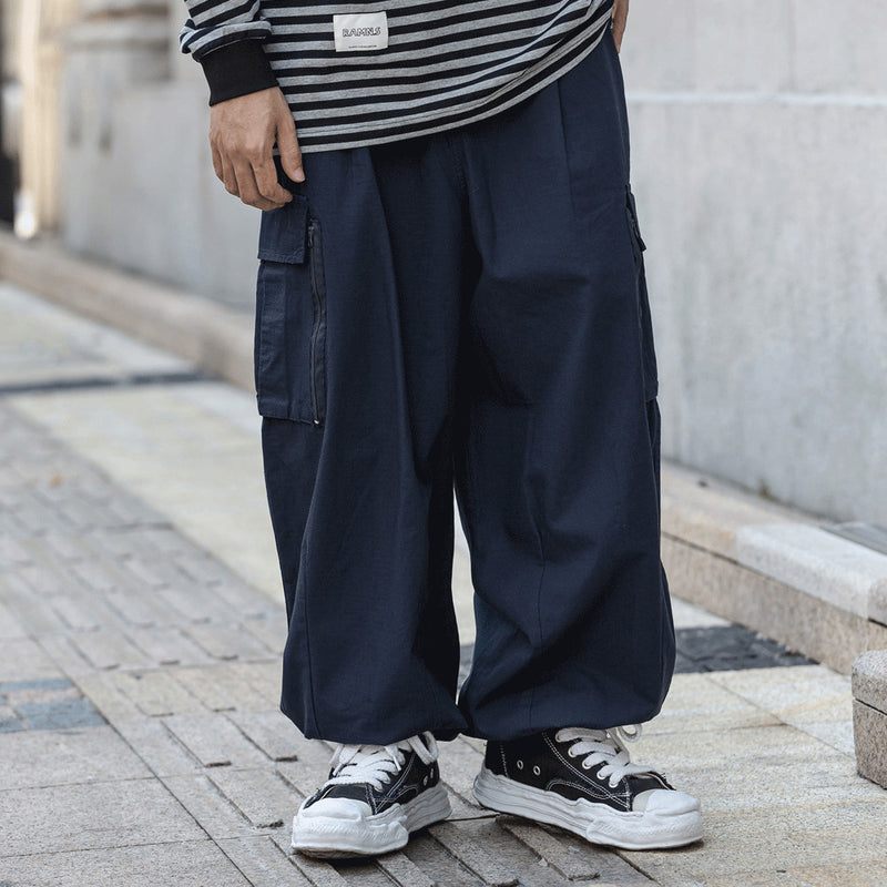 Men Sweatpants Multi-Pocket Cargo Pants Vintage Loose Wide Leg Pants Casual Drawstring Jogger Pants