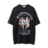 Men Vintage T-shirt Angel Print Men's Short Sleeve T-shirt Washed and Worn round Neck