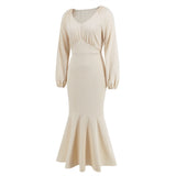 Women Date Dress V-neck Fishtail Skirt Elegant High Waist Evening Long Dress