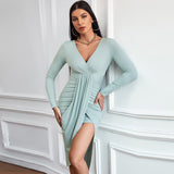 Women Dress Spring and Summer Leisure Slim Sheath V-neck Knitted Dress