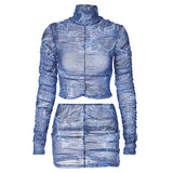 Women Co-Ord Set Sexy Mesh Long Sleeve Turtleneck Top Skirt Suit