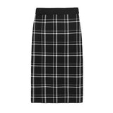 Women Knitted Skirt Autumn Vintage Black and White Plaid Knitted Plaid Sheath Skirt
