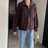 Women Cardigan Sweater Coat Long Sleeve Loose Zip Turn-down Collar Coat L1216
