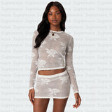 Women T-shirt Hollow-out Long Sleeve Top Suit Sexy Slim Suit Voile Pattern Suit