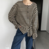 Women Cardigan Sweater Autumn Striped Long-Sleeved Top Loose round Neck 8t7300