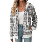 Women Trench Coat Fall Winter Hooded Cardigan Christmas Style Printed Plush Coat