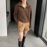 Women Winter Knitted Sweater Zipper and Lapel Sweater Loose Casual Women's Clothing 1t816
