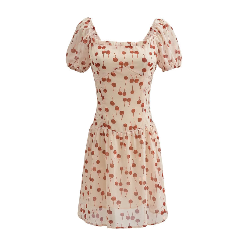 Women Dresses Summer Printed Chiffon Dress Puff Sleeve Slim Fit Skirt (Xds0414)