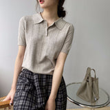 Women Knitted T-shirt Polo Short Sleeve Summer Lapels T-shirt