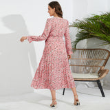 Women Date Dress Autumn and Winter Leisure Floral V-neck Long-Sleeve Dress