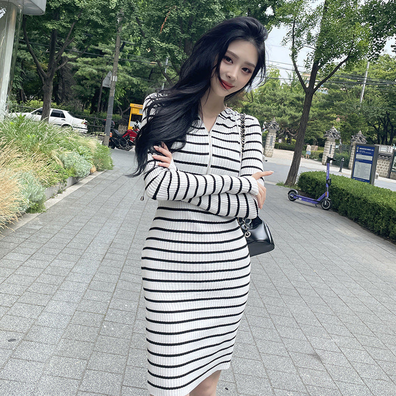 Women Maxi Dress Autumn and Winter Zipper Slim-Fit Long-Sleeved Striped Knitted Sheath Dress