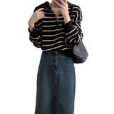 Women Knitwear Autumn Winter Retro Polo Collar Stripes Zipper Sweater Loose Sweater
