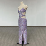 Women Evening Dress Hollow Backless Sexy Suspenders Grid Sequins Split Dress