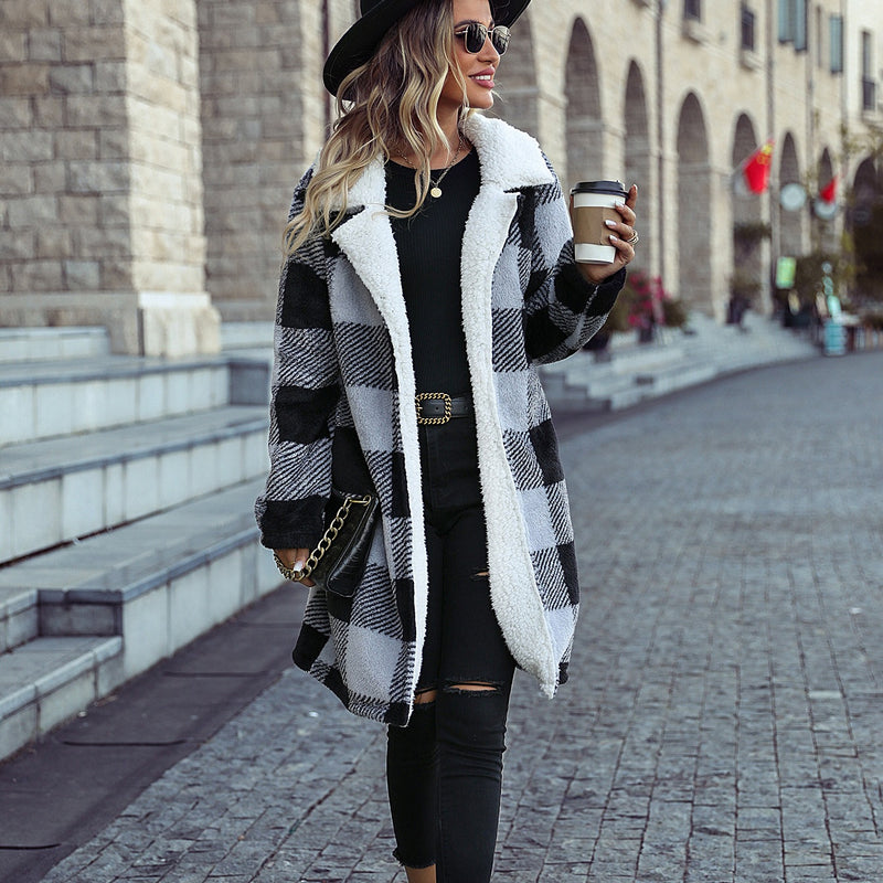 Women Trench Coat Autumn Lapel Long Sleeve Buckle-Free Plaid Long Loose Cardigan Double-Sided Casual Coat