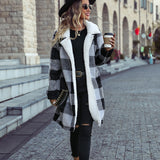 Women Trench Coat Autumn Lapel Long Sleeve Buckle-Free Plaid Long Loose Cardigan Double-Sided Casual Coat