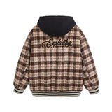 Unisex Winter Cotton Coat Winter Vintage Plaid Hooded Letters Baseball Uniform Jacket