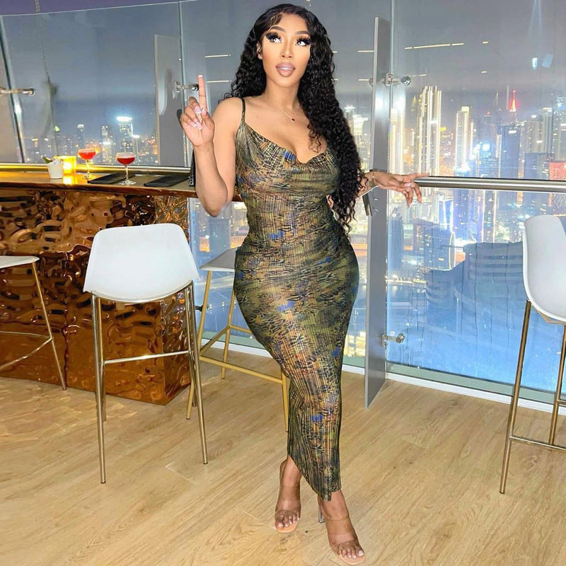 Women Dresses Summer Sexy Printed Slim Fit Backless Sheath Dress