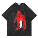Washed retro T-shirt, chainsaw man cartoon print casual short sleeves