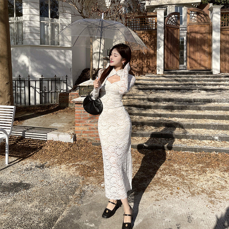 Women Dresses Hollow-out Stand Collar Long Sleeve Lace Dress
