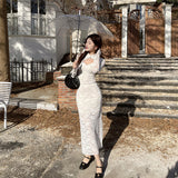 Women Dresses Hollow-out Stand Collar Long Sleeve Lace Dress
