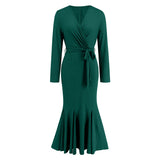 Women Date Dress Knitted Long Sleeve V-neck Lace-up Fishtail Skirt