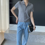 Women Knitted T-shirt Knitted Cardigan Jacket Slim Fit Short Sleeve Polo Collar Top