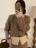 Women Knitted Cardigan Retro Short Knitted Cardigan Loose Color Matching round Neck Sweater Coat