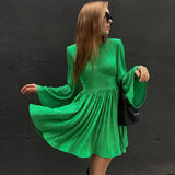 Women Dress Spring Green Pleated Dress round Neck Dress