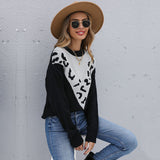 Women Knitted Sweater Autumn and Winter Leisure Leopard Print Contrast Color Long Sleeve Sweater