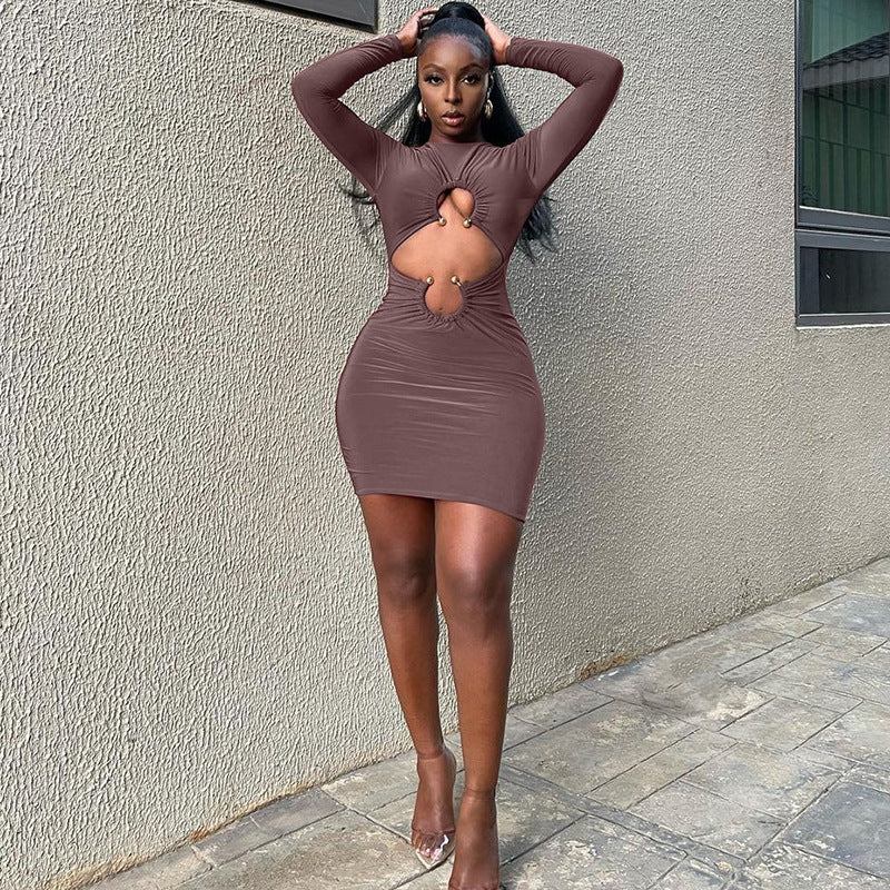 Women Dresses Summer Sexy Hollow round Neck Long Sleeve Narrow Dress