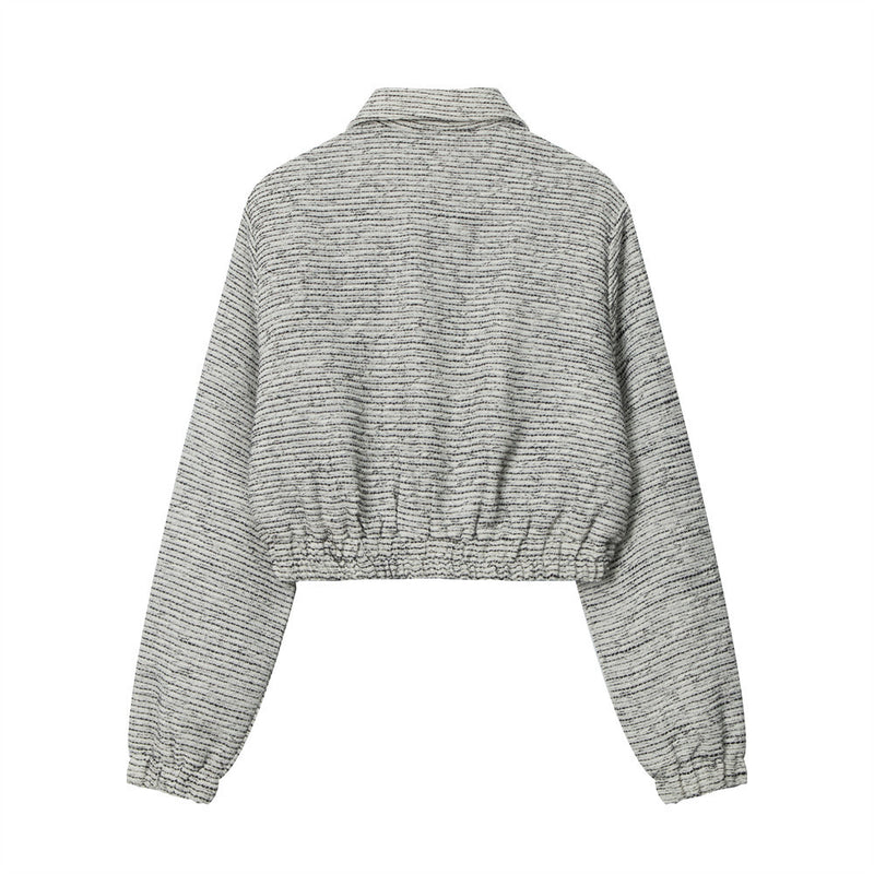 Women Jacket Striped Color Contrast Short Jacket Lapel Zip Long Sleeve Coat