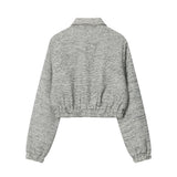 Women Jacket Striped Color Contrast Short Jacket Lapel Zip Long Sleeve Coat