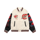 Men Jacket Coat Color Contrast Patchwork PU Leather Sleeve Machine Embroidery Letter Baseball Uniform Jacket