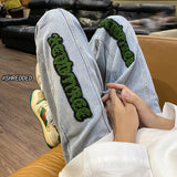 Men Jeans Letter Flocking Jeans Loose Spring and Autumn Retro