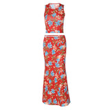 Women Co-Ord Set Vintage Printed Vest Slim Sheath Dress Suit