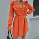 Women Dress Spring and Summer Long Sleeves V-neck Dress