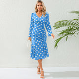 Women Date Dress Autumn and Winter Dress Sexy V-neck Polka Dot Printing Long-Sleeved Fishtail Dress