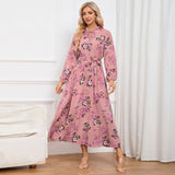Women Date Dress Autumn Long Sleeve Lace Stand Collar Belt Long Dress