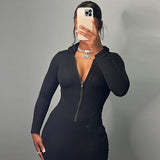 Women Dresses Winter Sexy Zipper Hooded Long Sleeve Dress