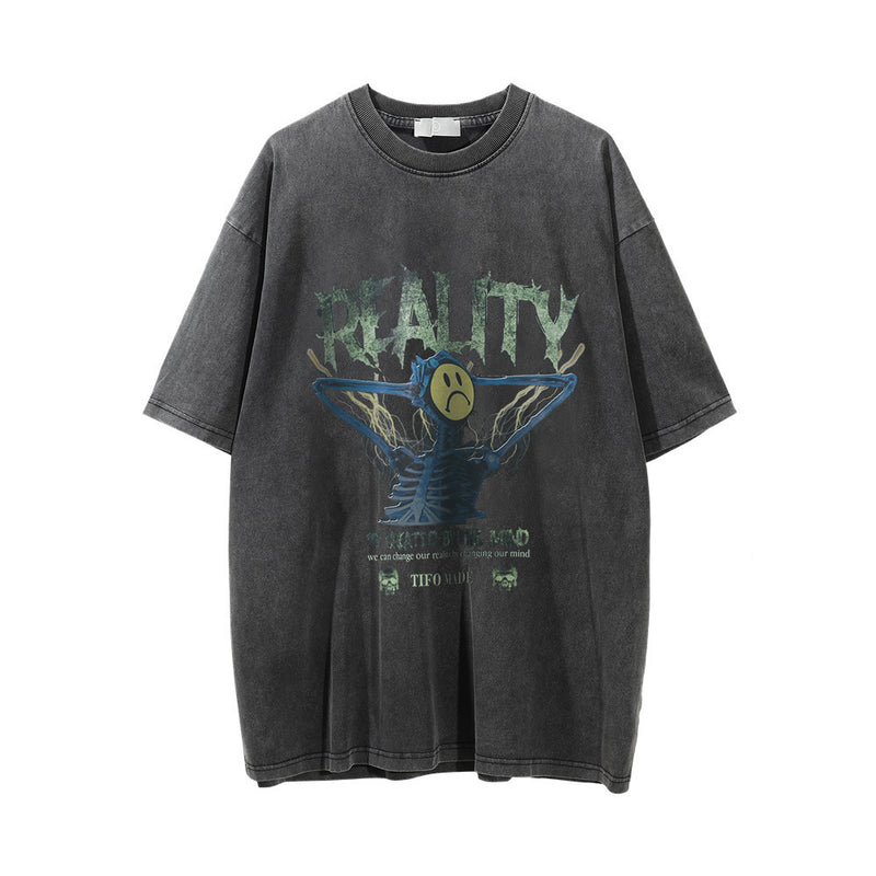 Men Vintage T-Shirt Printed Short-Sleeved T-shirt Men's Summer Loose Washed-out Distressed