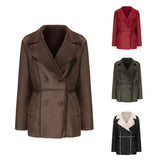 Red Leather Jacket Lapel with Velvet Leather Suede Coat for Women