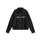 Unisex Jacket Retro Washed Distressed Stand Collar Jacket