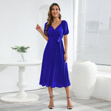 Women Date Dress Summer V-neck Puff Sleeve Lace-up Pleated Dress