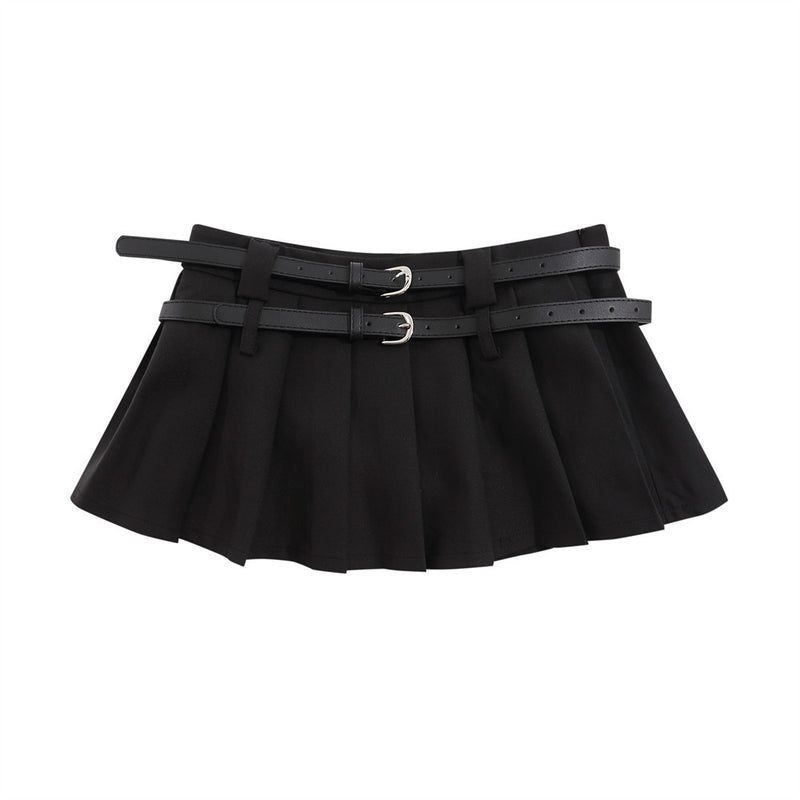Women Skirt Double Belt Pleated Skirt Women's Summer Short Skirt