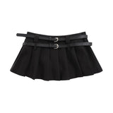 Women Skirt Double Belt Pleated Skirt Women's Summer Short Skirt