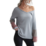 Women Knitted Sweater Fall Color-Blocking Gray Long Sleeves V-neck Sweater
