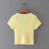 Women Sweater Knit Wear Spring Wool-like Short V-neck Knitted T-shirt Zipper Sweater